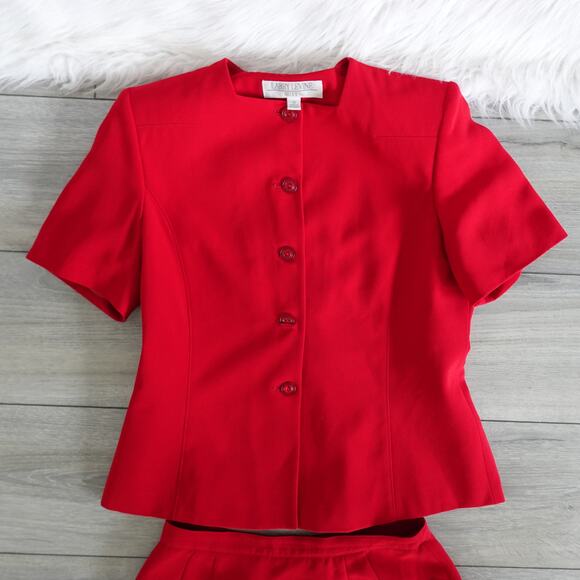 Vintage Retro 80s 90s Larry Levine Red Short Sleeve Skirt Blouse Suit Set 10 - Picture 3 of 13